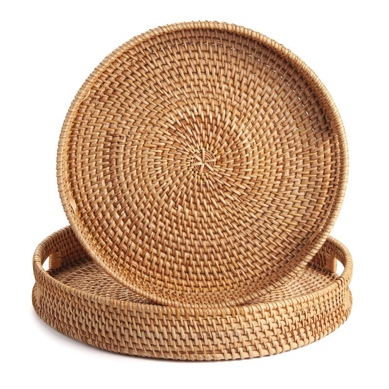 DECRAFTS Coffee Table Tray Round Rattan Ottoman Tray Woven Serving Trays with Handles for Home and Kitchen Decorative Natural (Large 14 inch x 2.4 inch) - Image 3